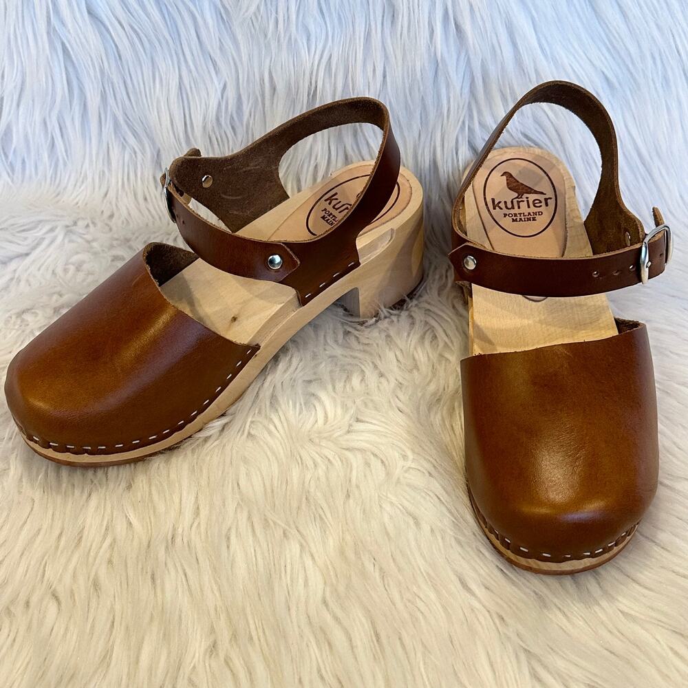 Kurier Charlie Mary Jane Clogs Leather High Heel Block Heel Wooden, Pecan Brown - Picture 6 of 14